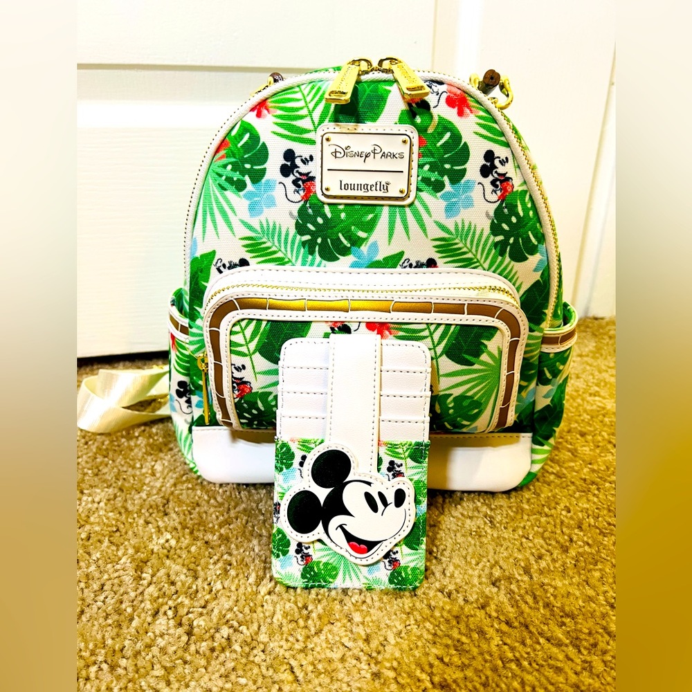 New! Disney Parks Loungefly Tropical Mickey and Minnie Backpack and Wallet